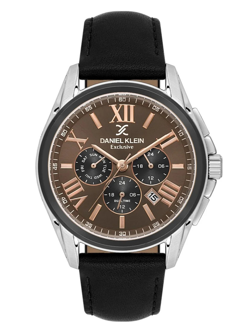 DANIEL KLEIN Men's Leather Silver and Black Alloy Case Analog Brown Round Sunray Dial Japanese Quartz Exclusive 50 Meters Water Resistant